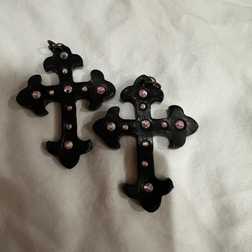 Gothic Black Cross Earrings With Pink Crystal Accents